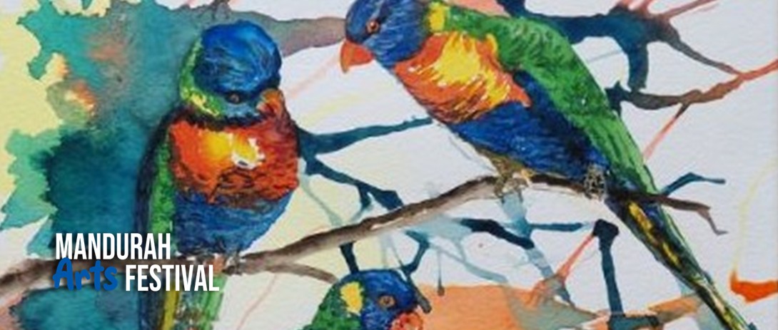a watercolour painting of two brightly coloured lorikeet birds sitting on tree branches